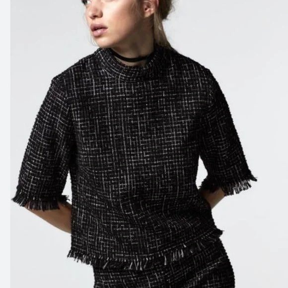 Zara Tops - Zara Tweed Top Mock Neck Fringed Hem‎ Cropped Black White Career XS